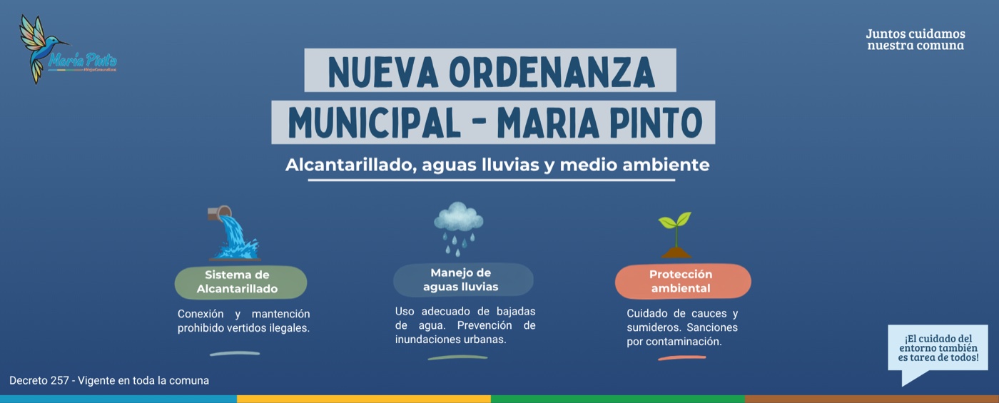 Nueva ordenanza municipal de María Pinto: alcantarillado, aguas lluvias y medio ambiente. Sistema de alcantarillado: conexión y mantención, prohibidos los vertidos ilegales. Manejo de aguas lluvias: uso adecuado de bajadas de agua y prevención de inundaciones urbanas. Protección ambiental: cuidado de cauces y sumideros, sanciones por contaminación. Decreto 257, vigente en toda la comuna. Juntos cuidamos nuestra comuna.